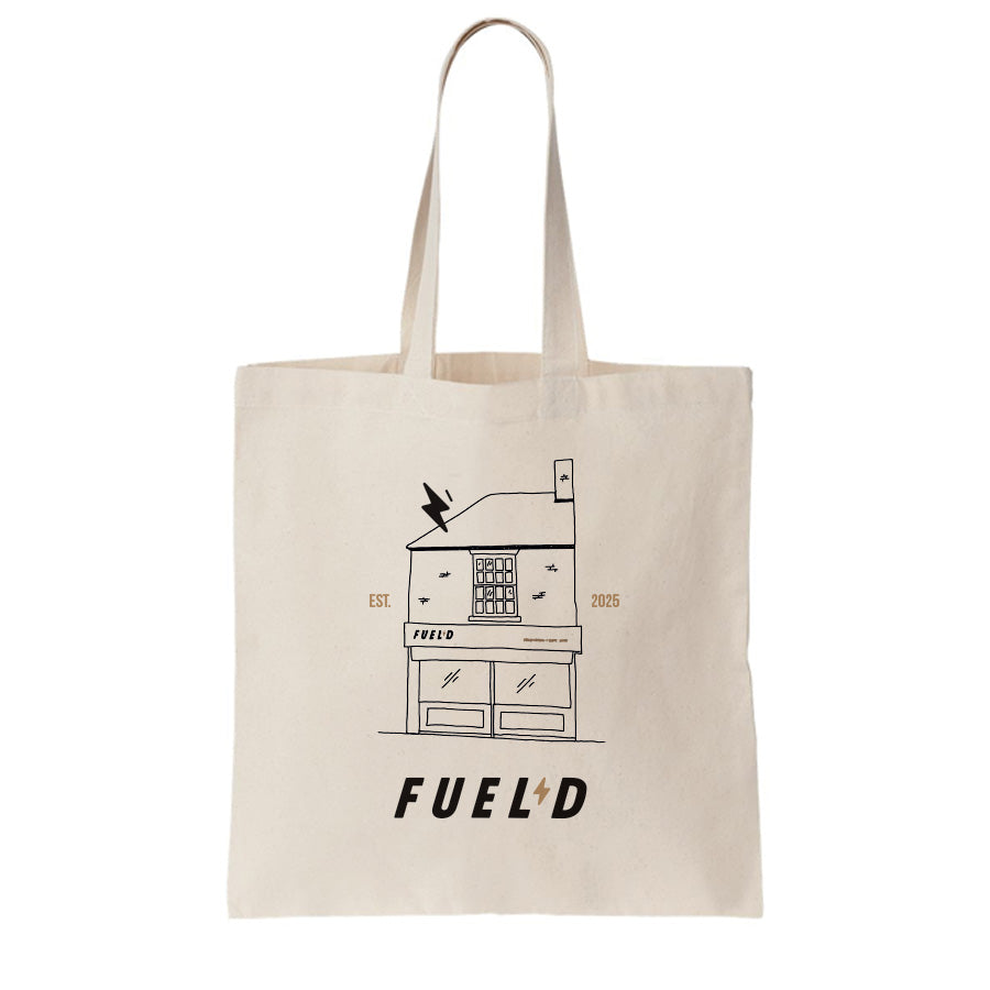 Natural tote bag with FUEL’D shopfront illustration, Health Kitchen & Coffee House North Shields design. Perfect gift for any foodie or food lover down the coast.