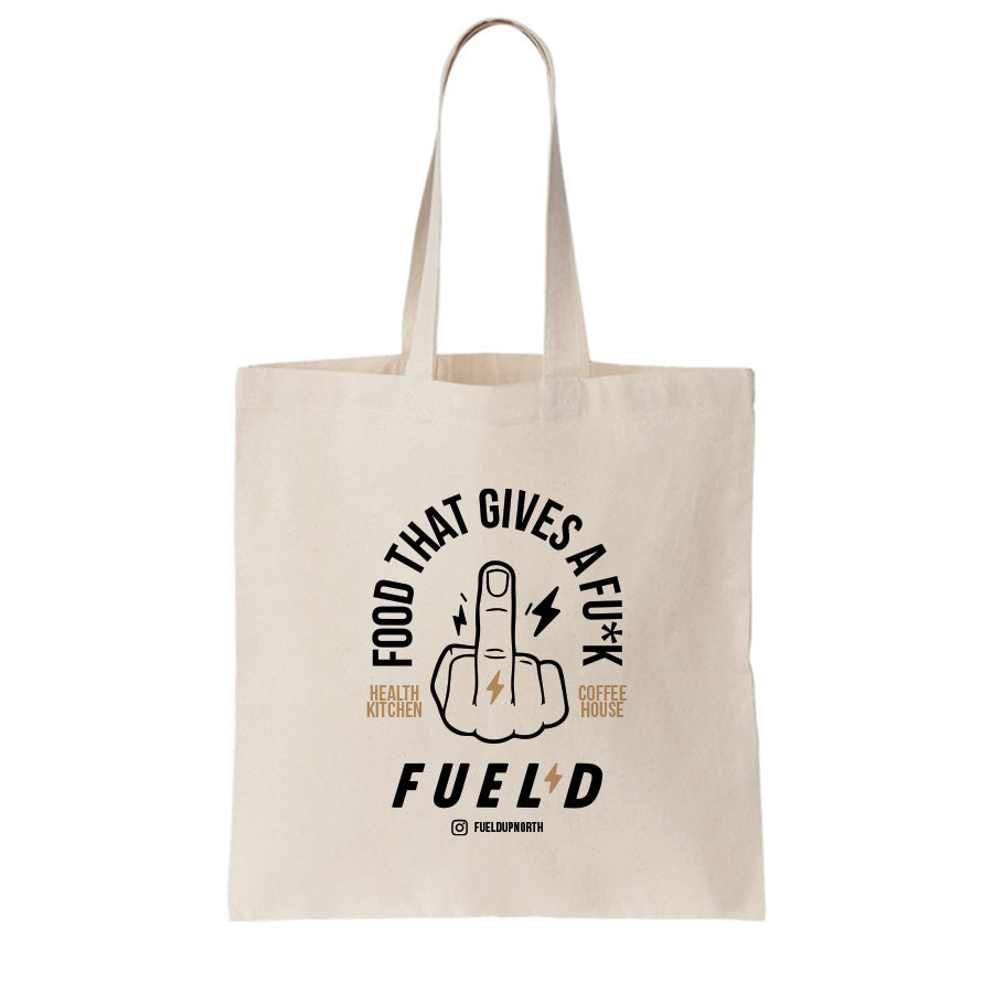 Natural tote bag with FUEL’D “Food That Gives a Fu*k” design, Health Kitchen & Coffee House North Shields branding.